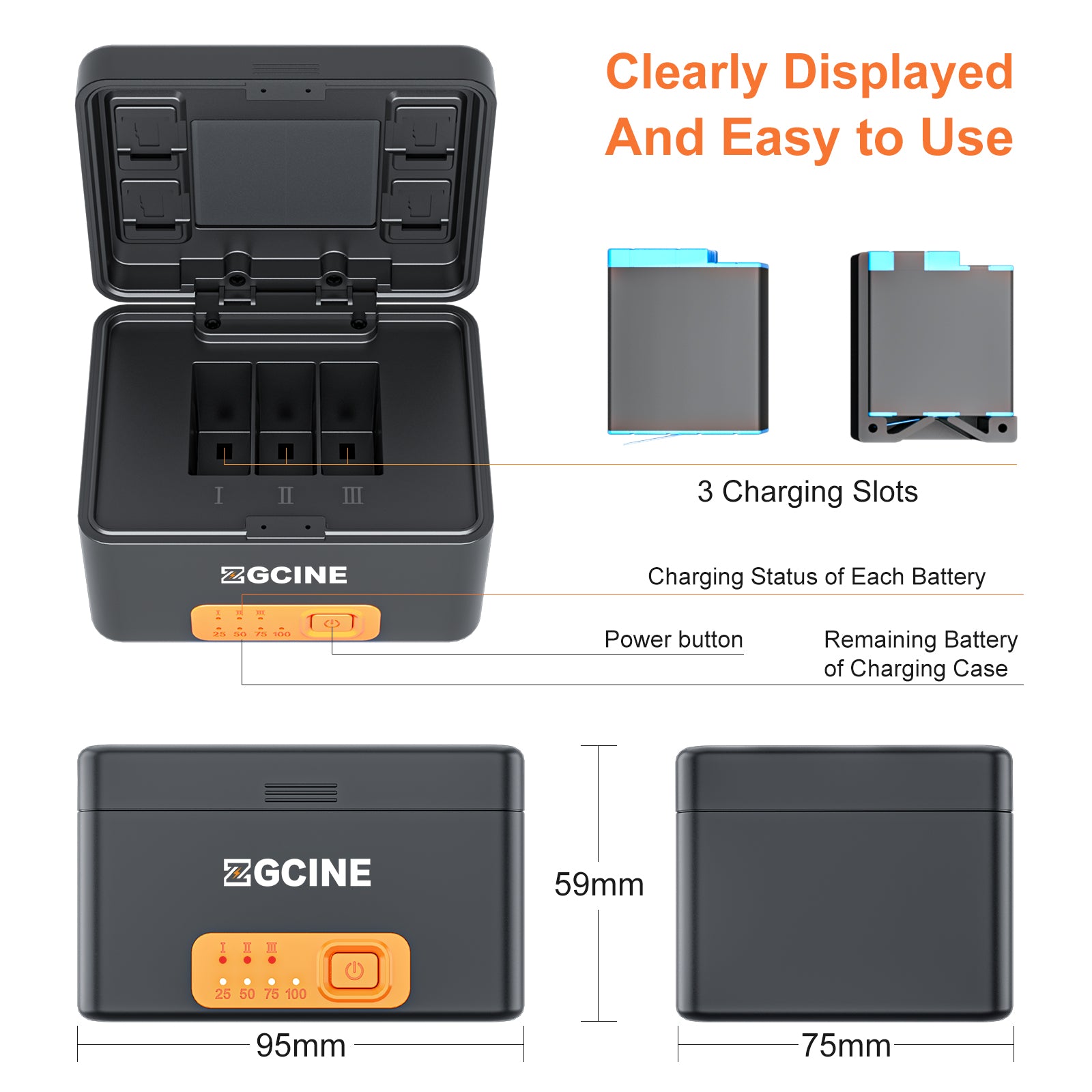 ZGCINE PS-G10 Charging Case for GoPro 11/10/9/8/7/6/5 Battery with 3 C